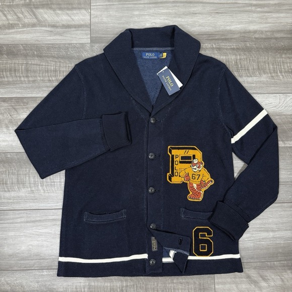Polo‎ Ralph Lauren Men's The Tiger Cardigan Varsity Patches Navy Size Large NEW - Picture 1 of 8